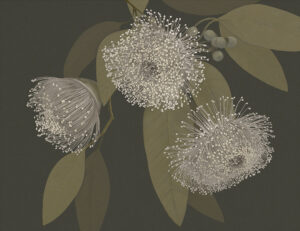 Carta da parati floreale massimalista delicato e scuro con foglie delicate su sfondo grigio